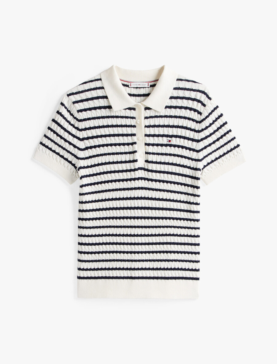 polo-pullover mit zopfmuster und kurzen Ärmeln