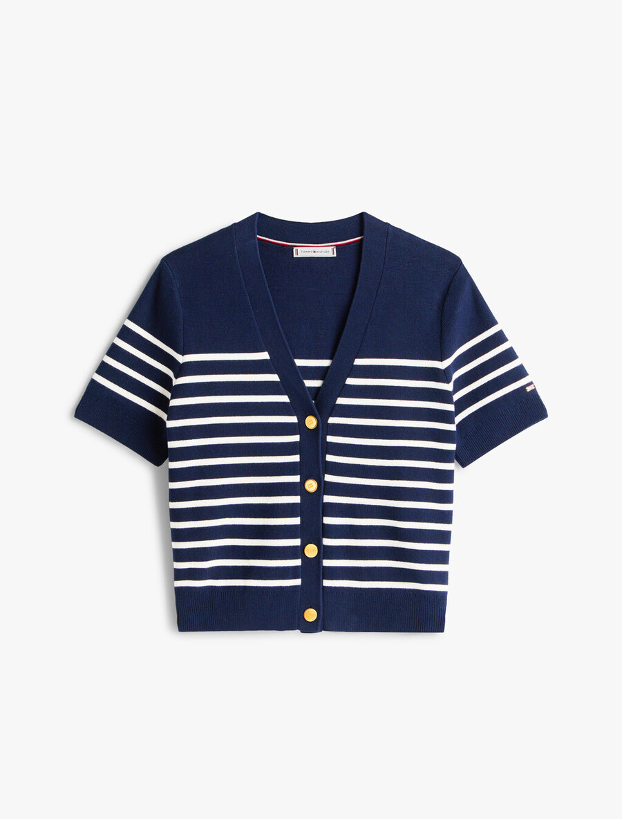 kurzarm-strickjacke aus jersey mit goldfarbenen knöpfen