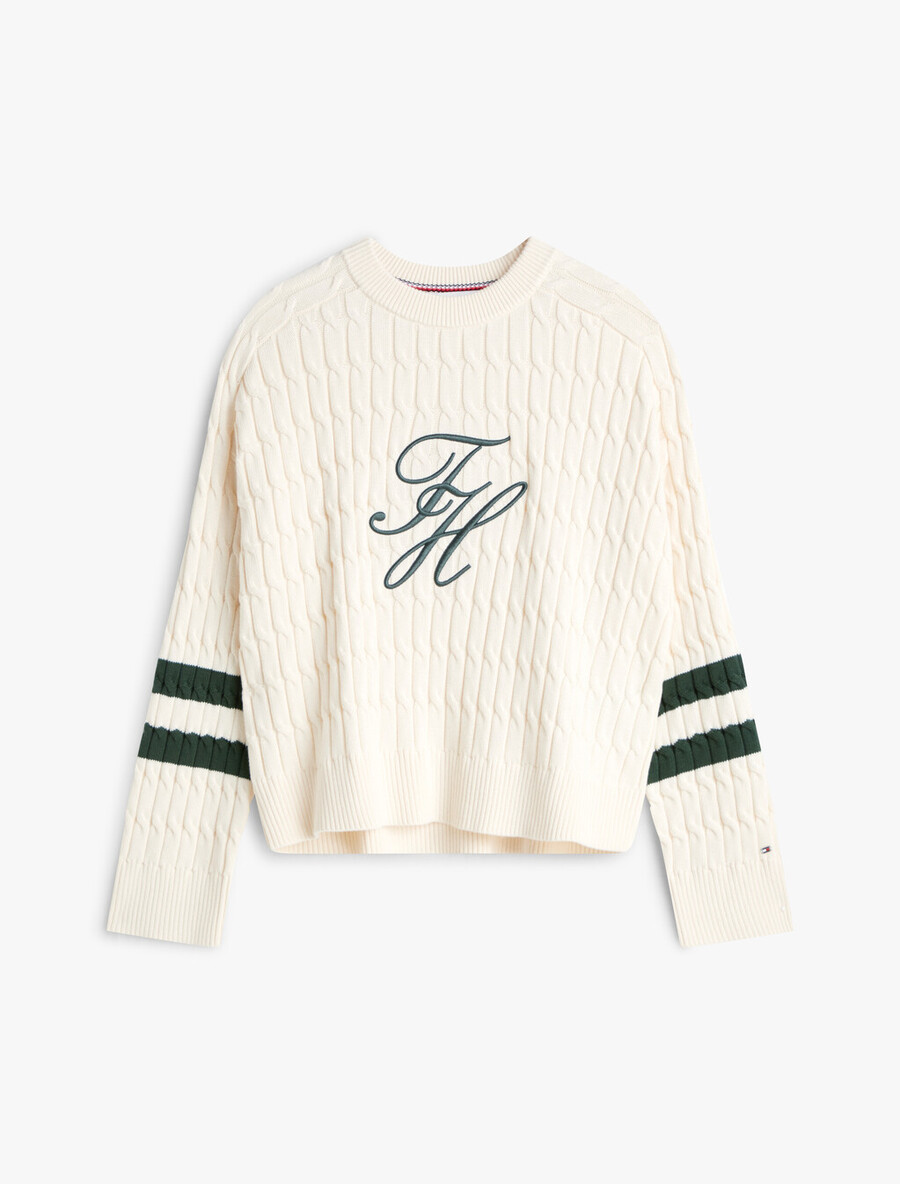 logo-stickerei lässiger zopfstrickpullover