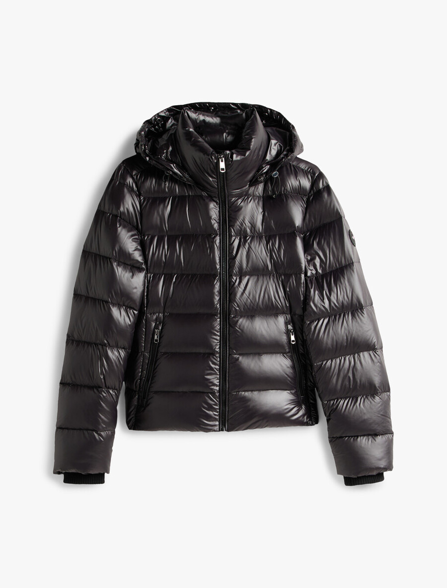 glänzende wasserabweisende daunenjacke mit kapuze