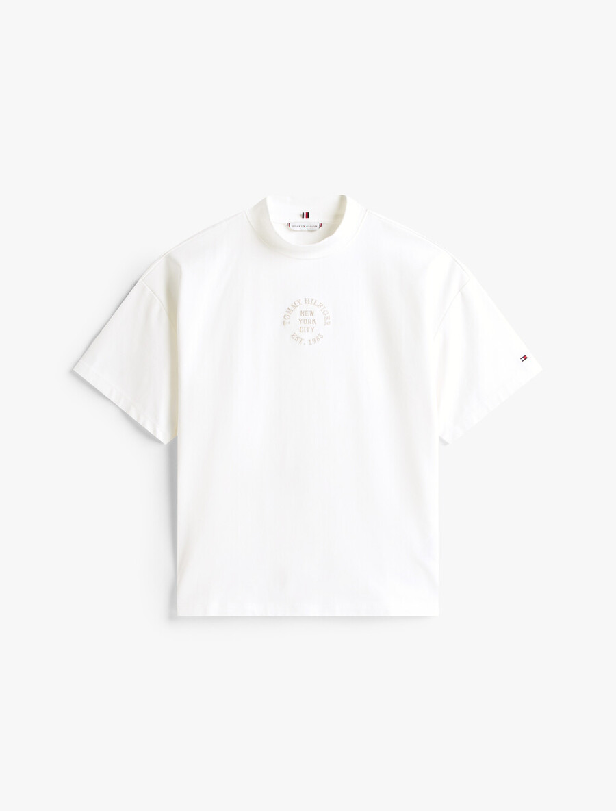 t-shirt mit stempelprint und lockerem stehkragen