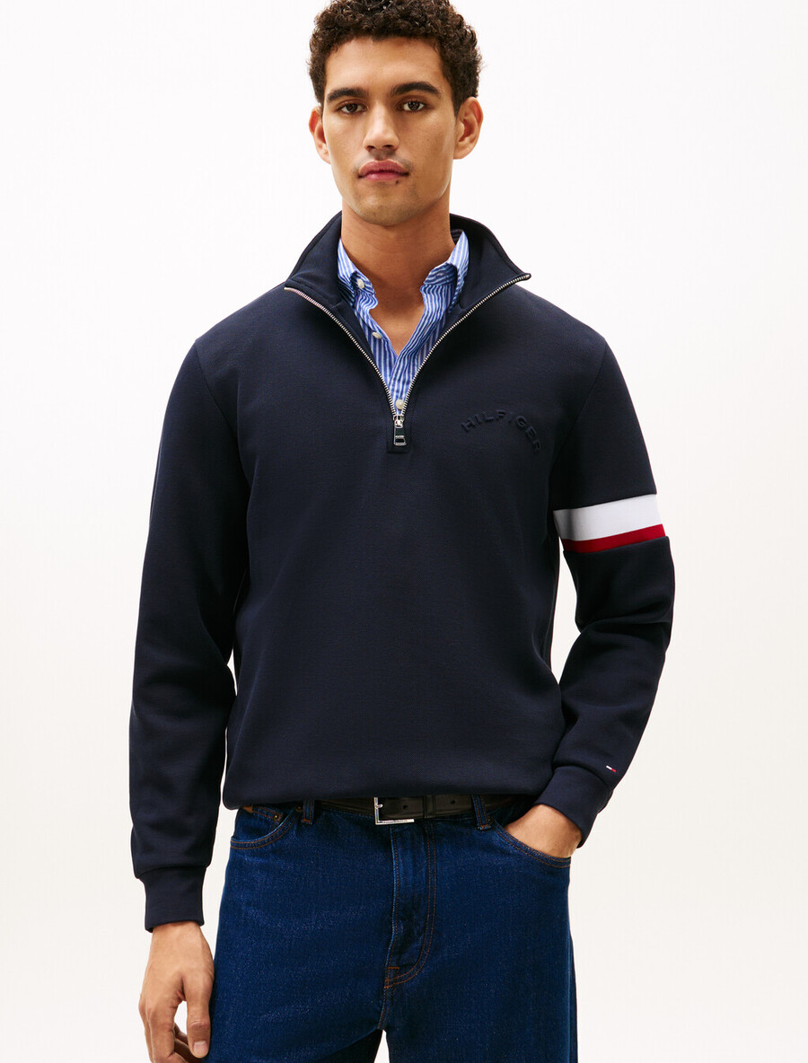 sweatshirt aus baumwollpiqué mit halbem reißverschluss und streifeneinsatz